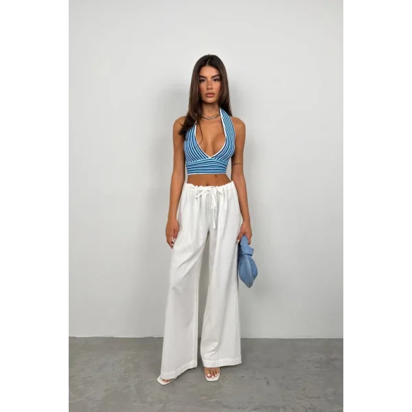 Çizgili Boyun Bağlamalı Crop