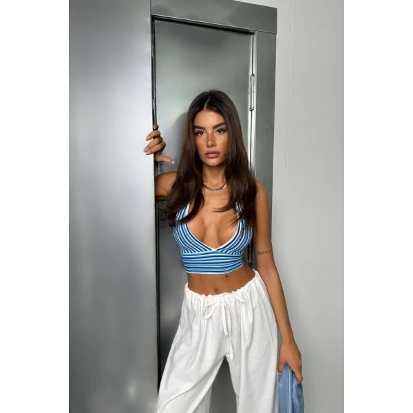 Çizgili Boyun Bağlamalı Crop