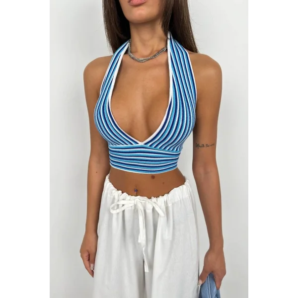 Çizgili Boyun Bağlamalı Crop