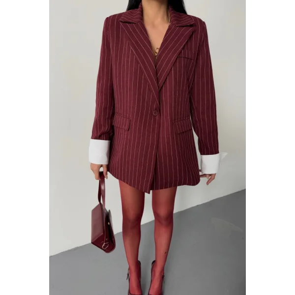 ÇİZGİLİ CEKET TEK DÜĞME EKRU MANŞET - Bordo