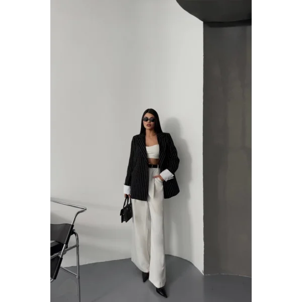 ÇİZGİLİ CEKET TEK DÜĞME EKRU MANŞET - Siyah