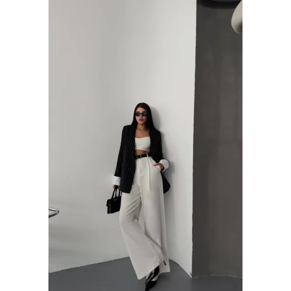 ÇİZGİLİ CEKET TEK DÜĞME EKRU MANŞET - Siyah