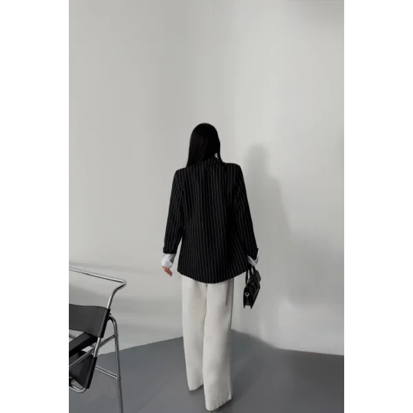 ÇİZGİLİ CEKET TEK DÜĞME EKRU MANŞET - Siyah