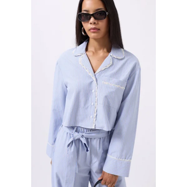 Çizgili Cep Detay Crop Gömlek