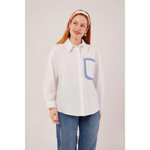 Çizgili Cep Detaylı Beyaz Gömlek