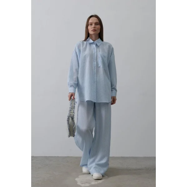 Çizgili Cep Detaylı Oversize Takım - Bebe Mavisi