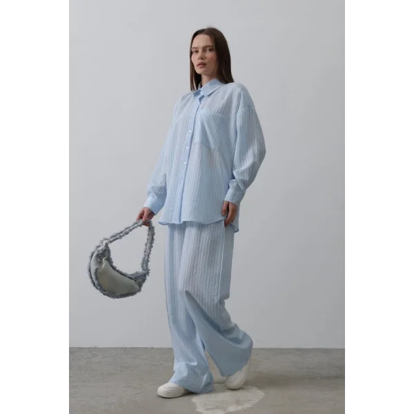 Çizgili Cep Detaylı Oversize Takım - Bebe Mavisi