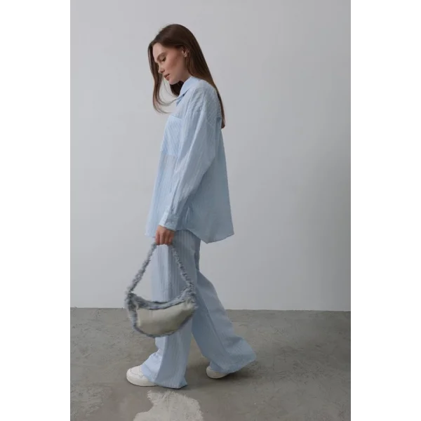 Çizgili Cep Detaylı Oversize Takım - Bebe Mavisi