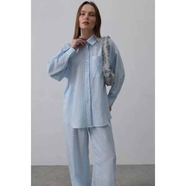 Çizgili Cep Detaylı Oversize Takım - Bebe Mavisi