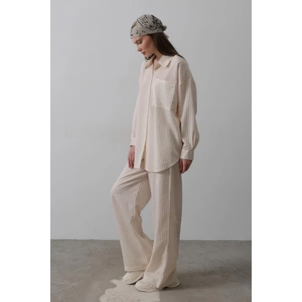 Çizgili Cep Detaylı Oversize Takım - Bej