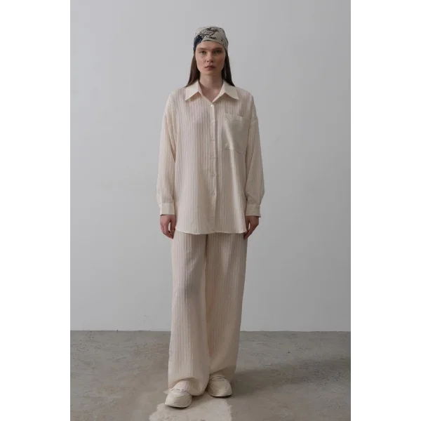 Çizgili Cep Detaylı Oversize Takım - Bej