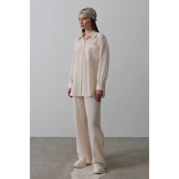 Çizgili Cep Detaylı Oversize Takım - Bej