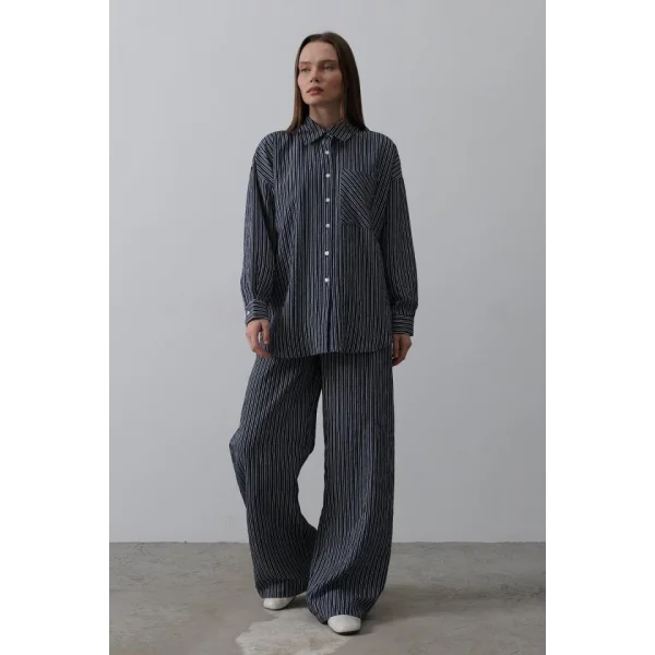 Çizgili Cep Detaylı Oversize Takım - Lacivert