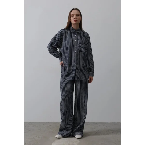 Çizgili Cep Detaylı Oversize Takım - Lacivert