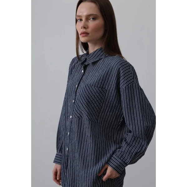 Çizgili Cep Detaylı Oversize Takım - Lacivert