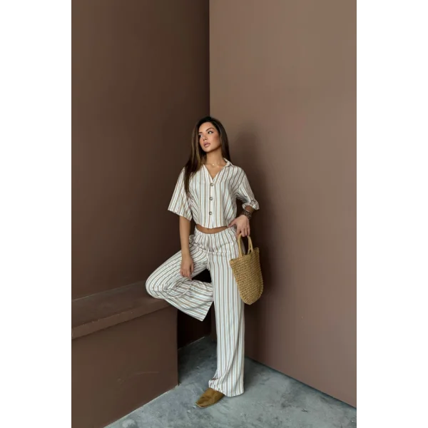 ÇİZGİLİ CROP GÖMLEK - SALAŞ PANTOLON TAKIM MODAL - Bej