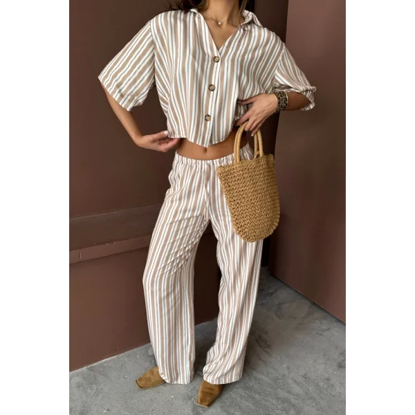 ÇİZGİLİ CROP GÖMLEK - SALAŞ PANTOLON TAKIM MODAL - Bej