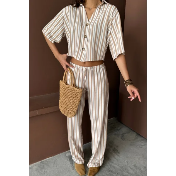 ÇİZGİLİ CROP GÖMLEK - SALAŞ PANTOLON TAKIM MODAL - Bej