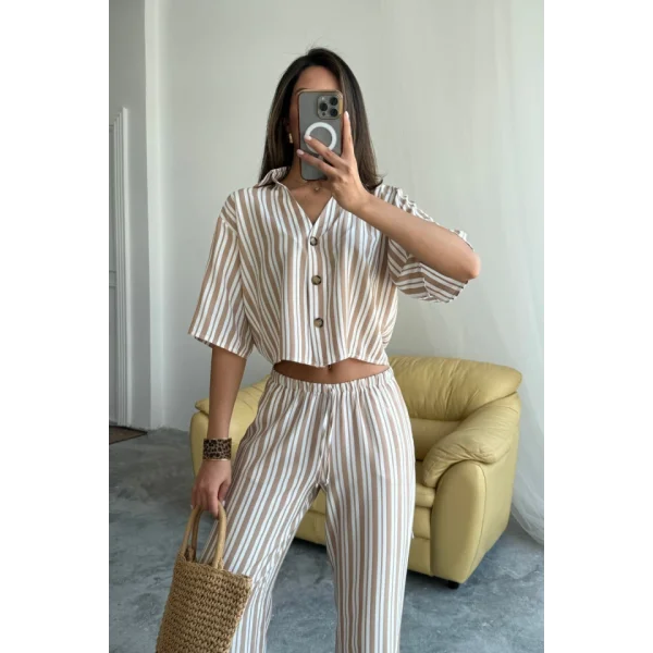 ÇİZGİLİ CROP GÖMLEK - SALAŞ PANTOLON TAKIM MODAL - Bej