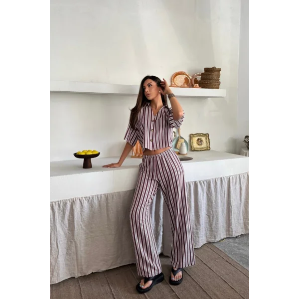 ÇİZGİLİ CROP GÖMLEK - SALAŞ PANTOLON TAKIM MODAL - Bordo