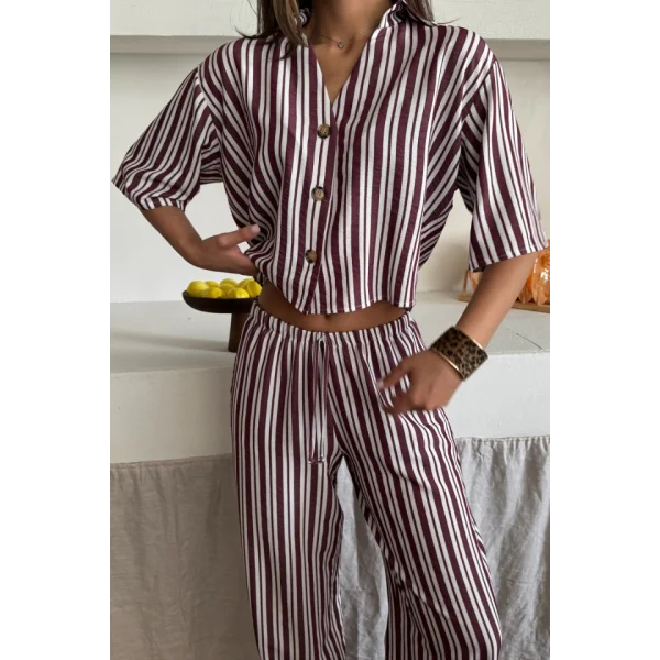 ÇİZGİLİ CROP GÖMLEK - SALAŞ PANTOLON TAKIM MODAL - Bordo