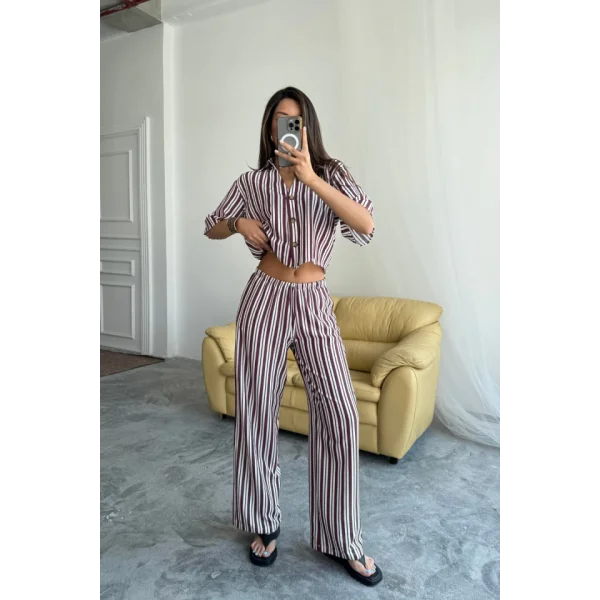 ÇİZGİLİ CROP GÖMLEK - SALAŞ PANTOLON TAKIM MODAL - Bordo