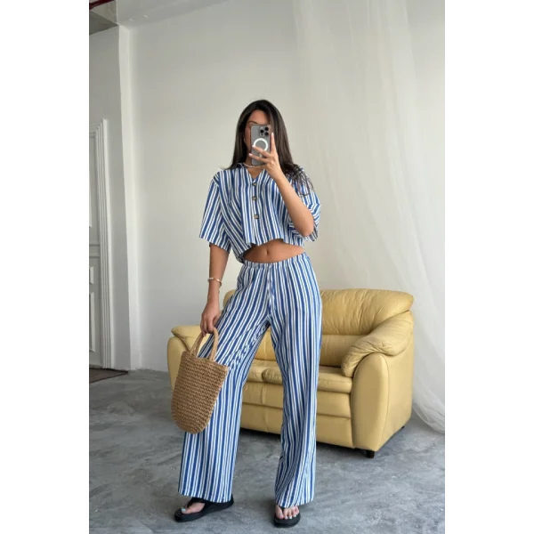 ÇİZGİLİ CROP GÖMLEK - SALAŞ PANTOLON TAKIM MODAL - Mavi