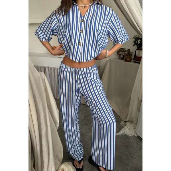 ÇİZGİLİ CROP GÖMLEK - SALAŞ PANTOLON TAKIM MODAL - Mavi