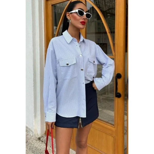 Çizgili Gofre Kumaş Metal Düğmeli Gömlek 3460