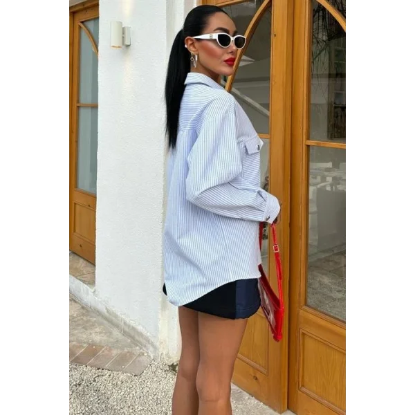 Çizgili Gofre Kumaş Metal Düğmeli Gömlek 3460