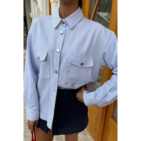 Çizgili Gofre Kumaş Metal Düğmeli Gömlek 3460