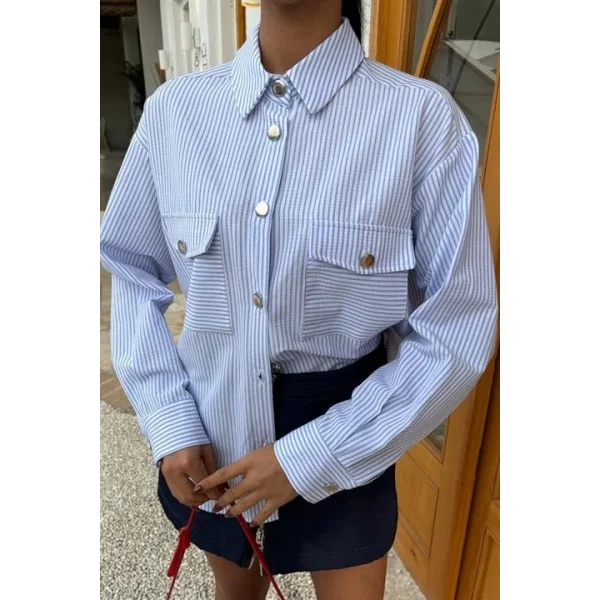 Çizgili Gofre Kumaş Metal Düğmeli Gömlek 3460