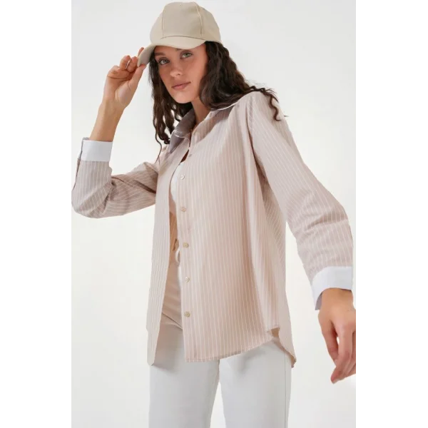 Çizgili Gömlek 20288  Krem