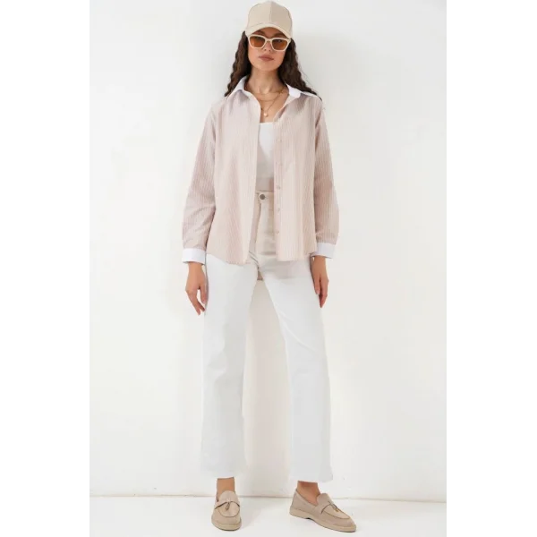 Çizgili Gömlek 20288  Krem