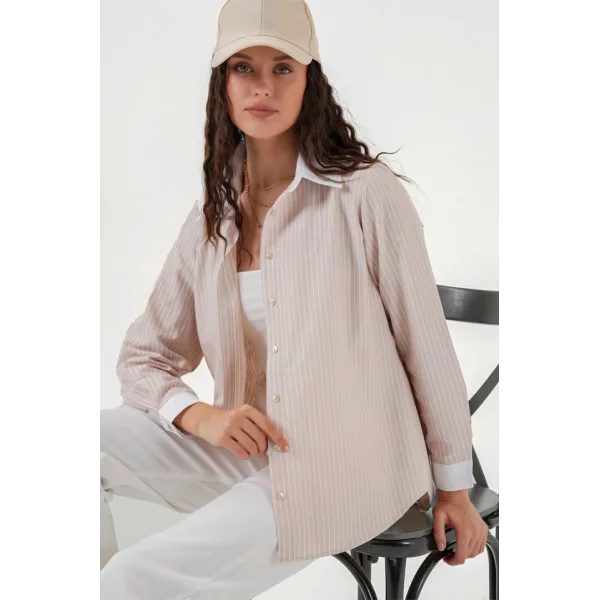 Çizgili Gömlek 20288  Krem