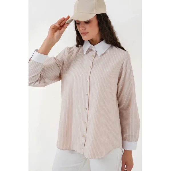 Çizgili Gömlek 20288  Krem