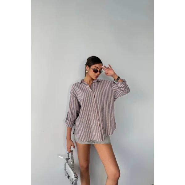 ÇİZGİLİ GÖMLEK  KETEN - Antrasit