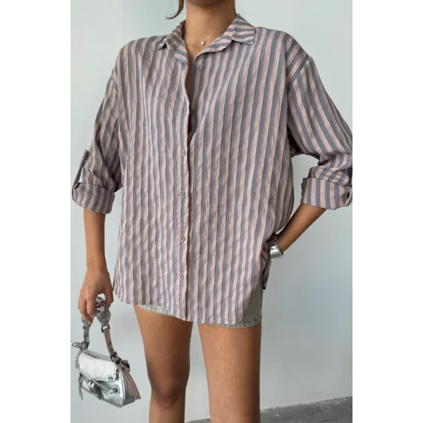 ÇİZGİLİ GÖMLEK  KETEN - Antrasit