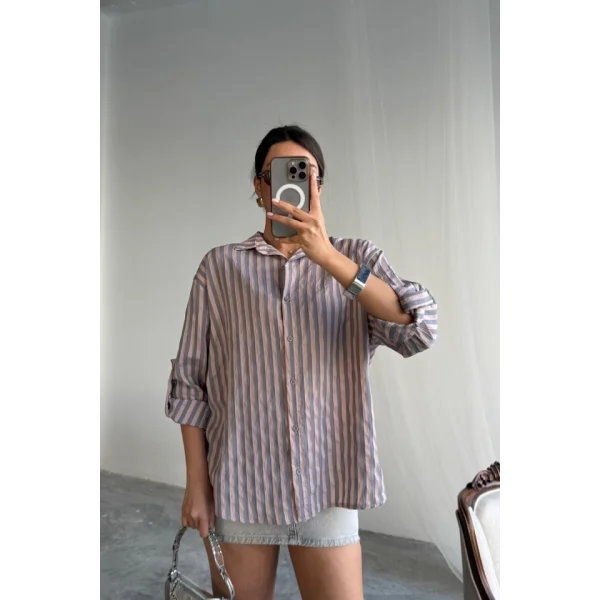 ÇİZGİLİ GÖMLEK  KETEN - Antrasit