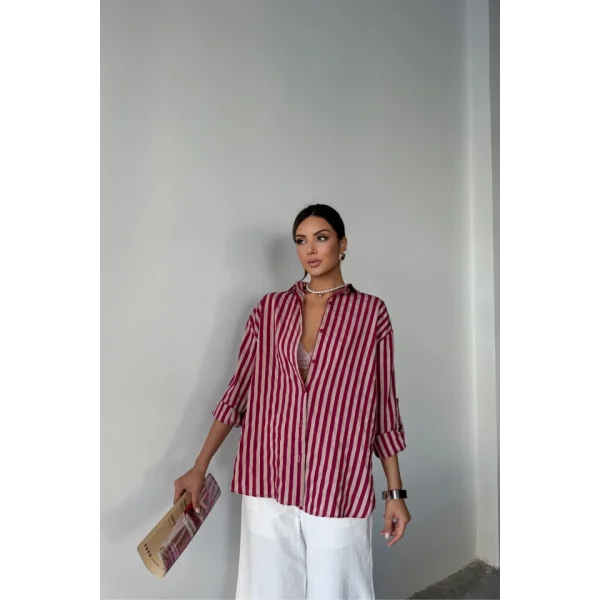ÇİZGİLİ GÖMLEK  KETEN - Bordo