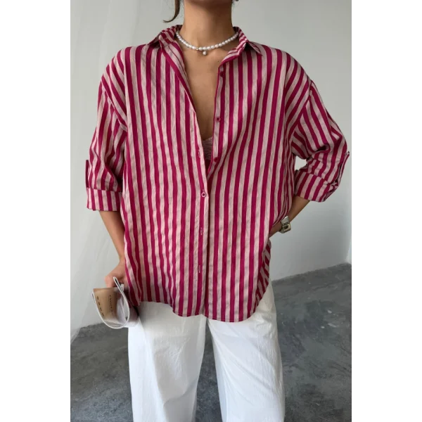 ÇİZGİLİ GÖMLEK  KETEN - Bordo