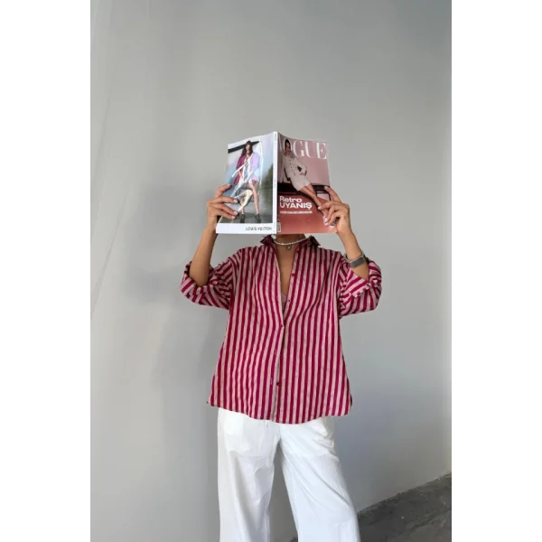 ÇİZGİLİ GÖMLEK  KETEN - Bordo