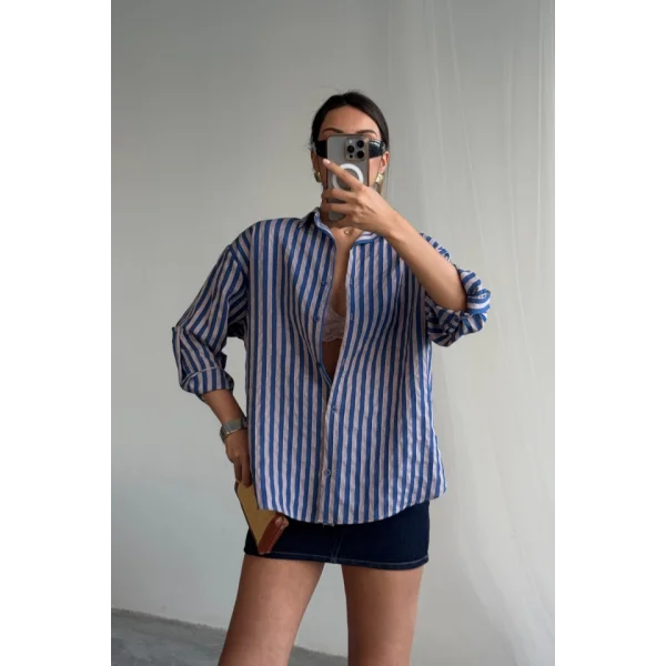 ÇİZGİLİ GÖMLEK  KETEN - Lacivert