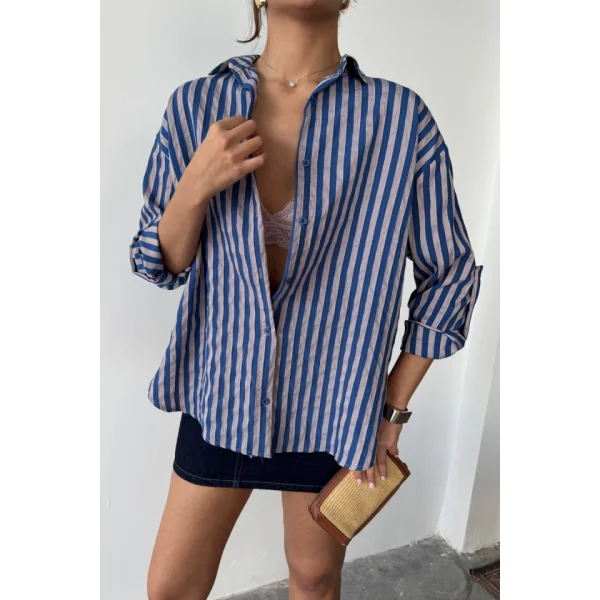 ÇİZGİLİ GÖMLEK  KETEN - Lacivert