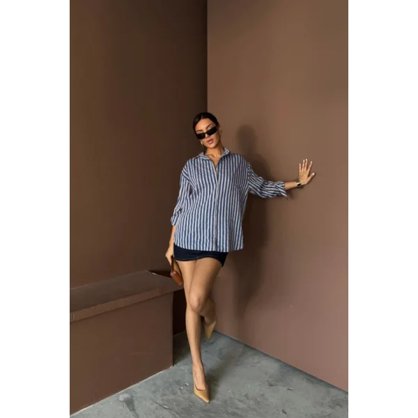 ÇİZGİLİ GÖMLEK  KETEN - Lacivert