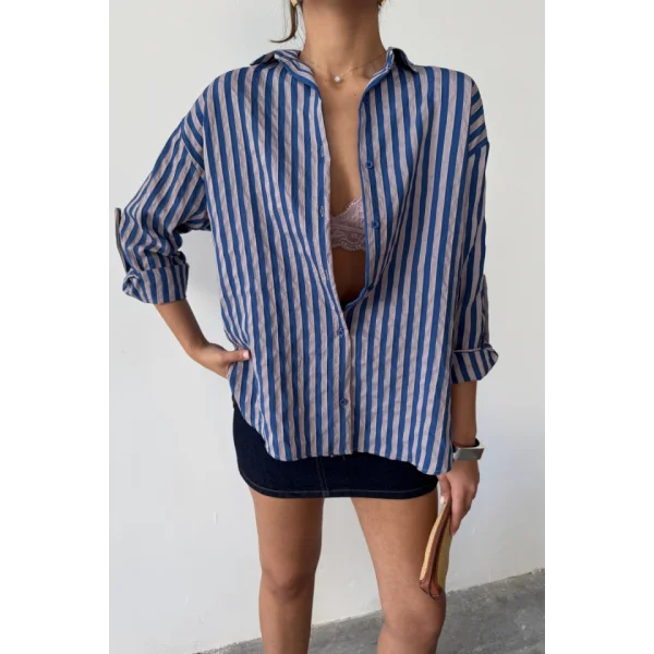 ÇİZGİLİ GÖMLEK  KETEN - Lacivert