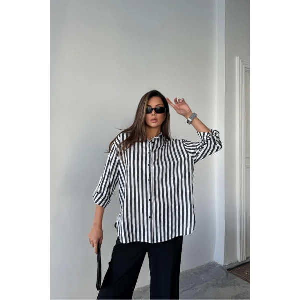 ÇİZGİLİ GÖMLEK  KETEN - Siyah