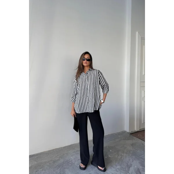 ÇİZGİLİ GÖMLEK  KETEN - Siyah