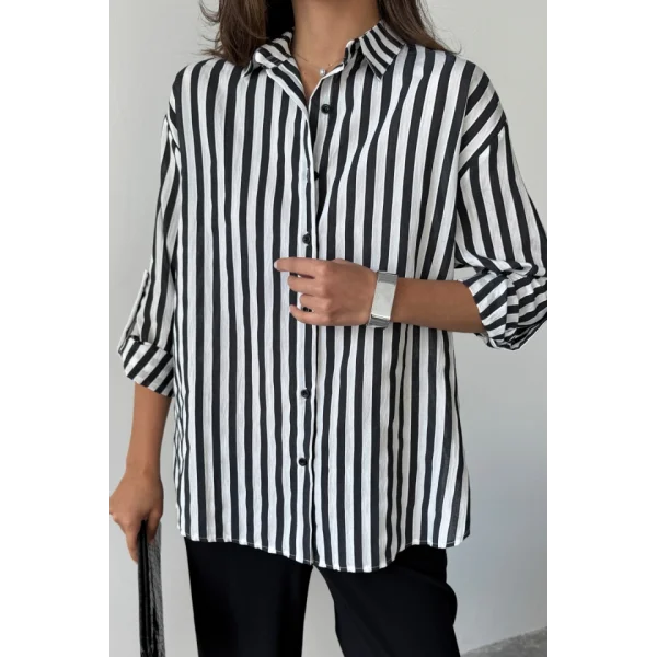 ÇİZGİLİ GÖMLEK  KETEN - Siyah