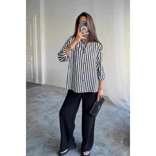 ÇİZGİLİ GÖMLEK  KETEN - Siyah